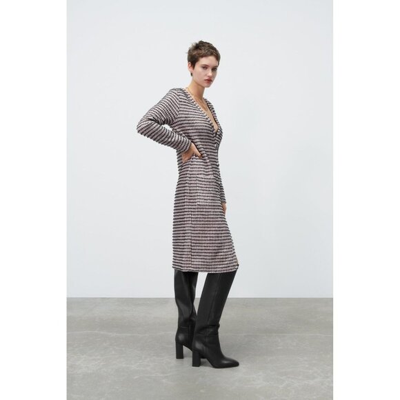 Zara TEXTURED MIDI DRESS in Black/Pink - Size Small‎ - Picture 1 of 9